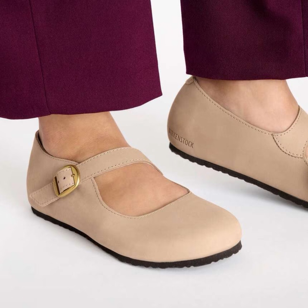 Birkenstock Mary Jane Flats in Beige with Gold Buckle